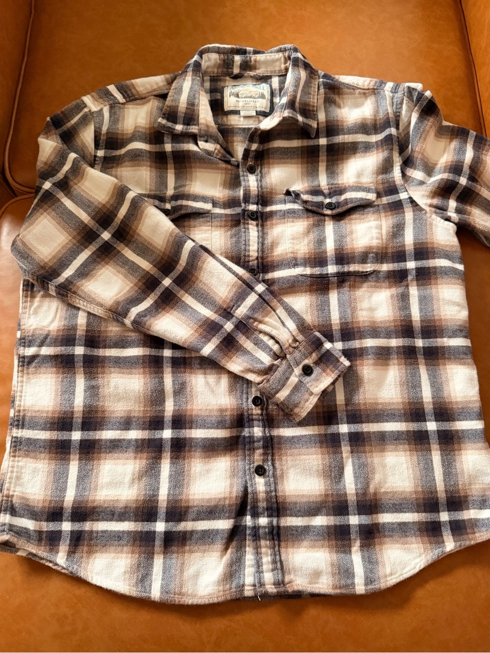 American Eagle Plaid Flannel Shirt - Cream & Brown